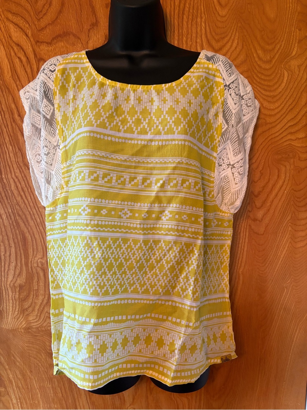 Prana Yellow Patterned Blouse with White Lace Cap Sleeves